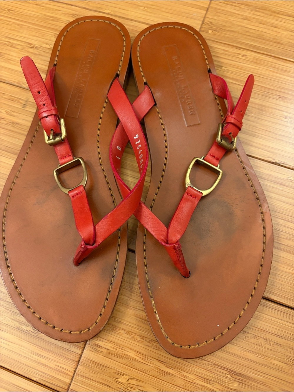 Ralph Lauren Leather T-Strap Sandals - Red